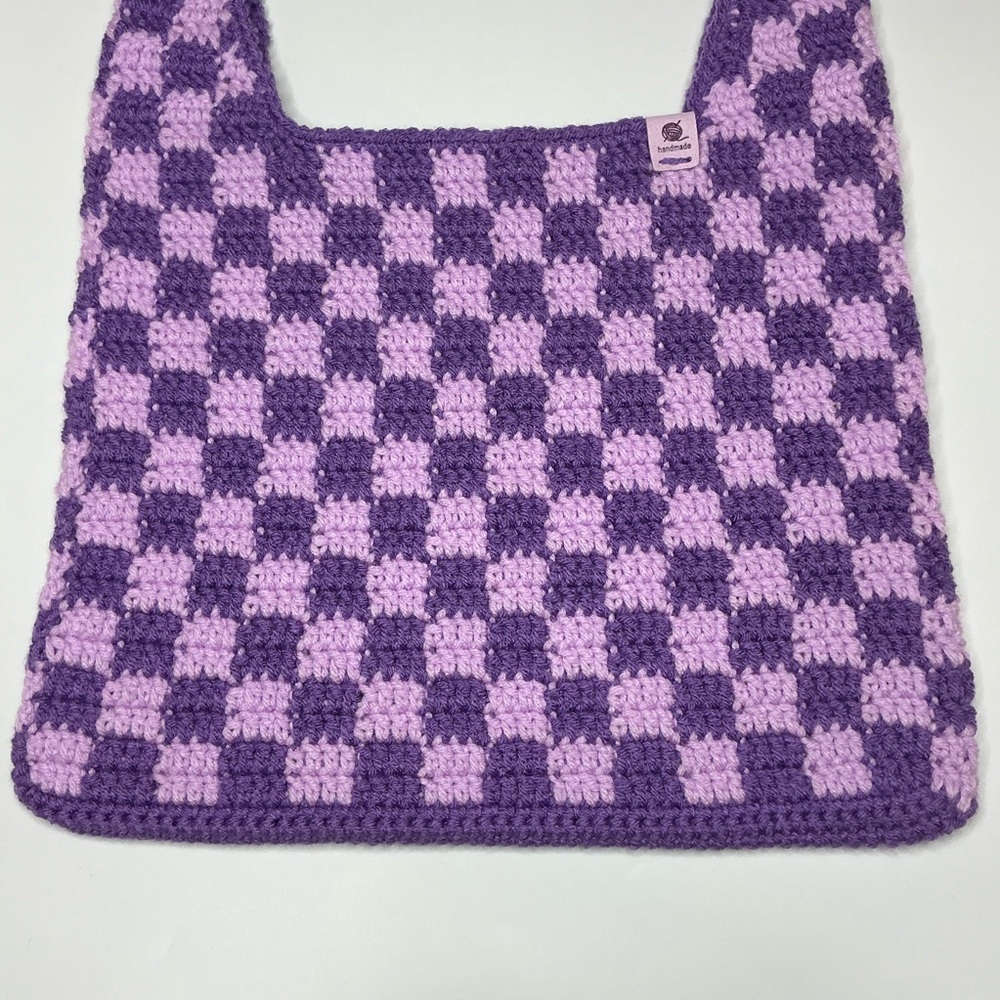 Handmade Amethyst & Soft Purple Checker Checkerboard Crochet Shoulder Tote Bag - Picture 5 of 16